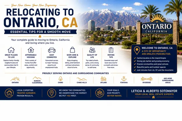 relocation to Ontario CA - flat lay of mortgage paperwork, calculator and housing market charts on bright desk