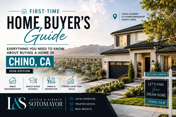 first-time homebuyer guide in Glendora - flat-lay of mortgage calculator, loan paperwork and housing market charts