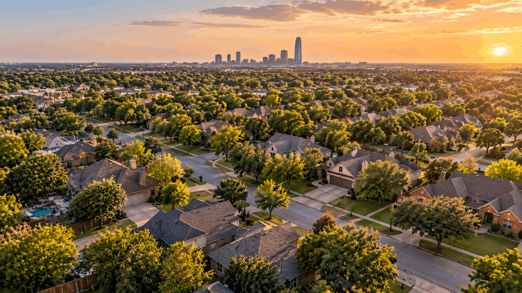 Oklahoma City neighborhood at sunset