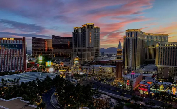 Iconic Las Vegas Strip boulevard with luxury hotels and casinos