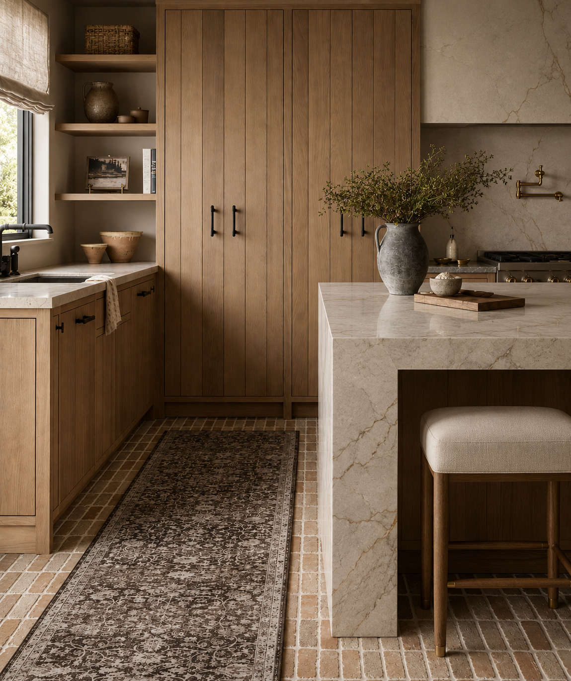 Modern kitchen with warm wood and waterfall countertop island