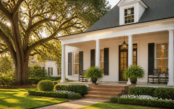 A tidy, freshly prepared Louisiana home exterior with a manicured lawn and welcoming front door