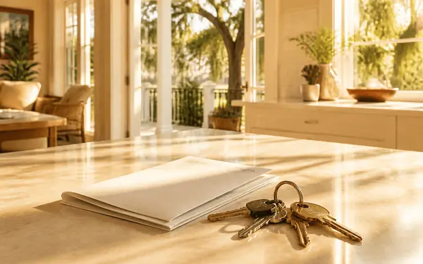 House keys and a folded document on a sunlit kitchen counter in a Southern home