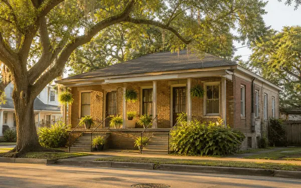 A modest brick duplex on a quiet tree-lined Louisiana street