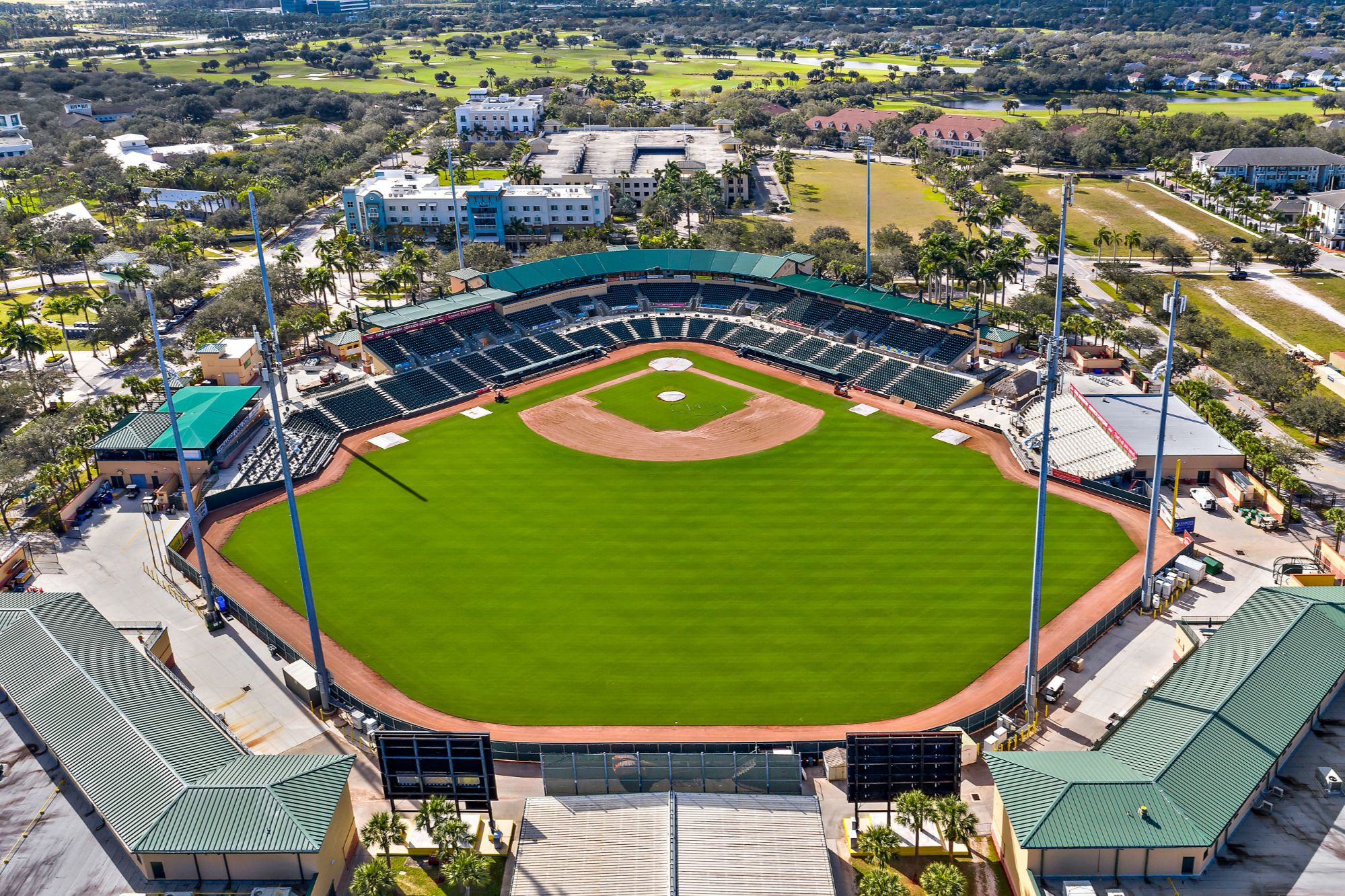 Aerial view of Abacoa Town Center and Roger Dean Chevrolet Stadium in Jupiter Florida