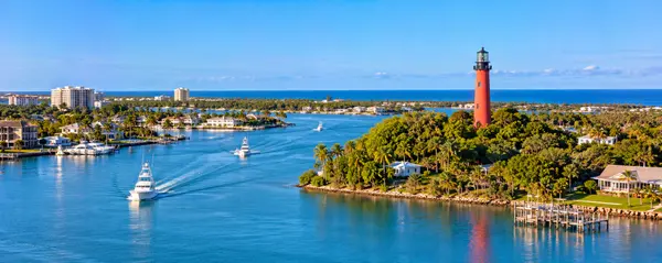 Sunny Coastal Lighthouse Marina Panorama