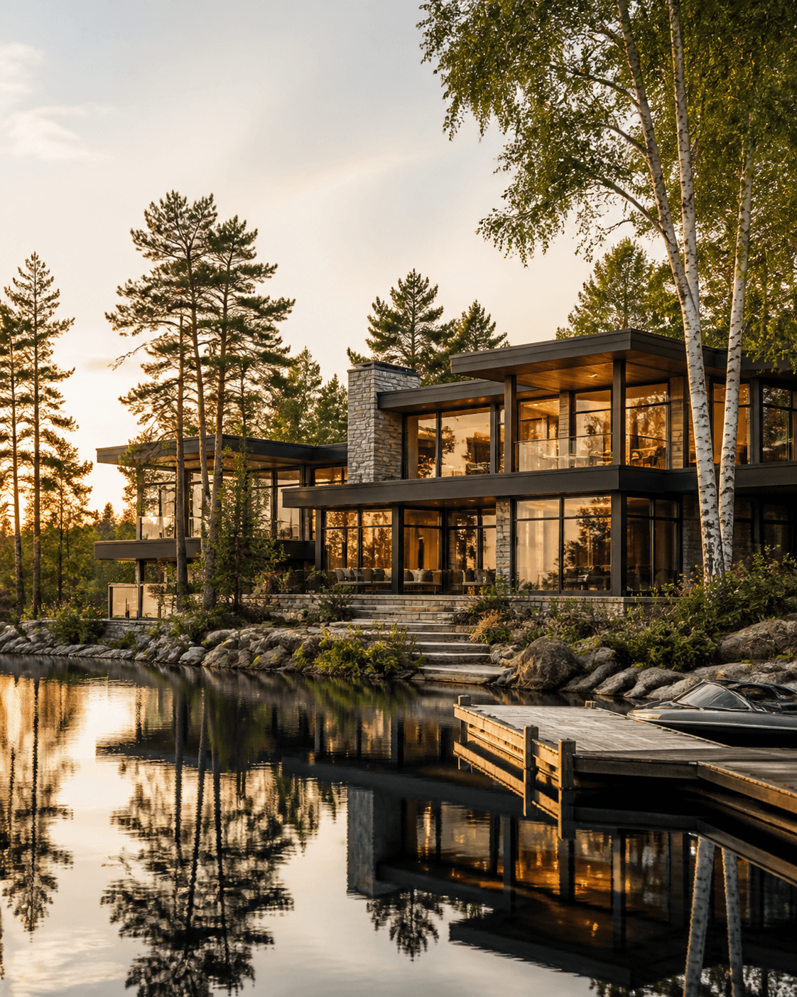 Contemporary lakefront home on an inland Michigan lake at golden hour