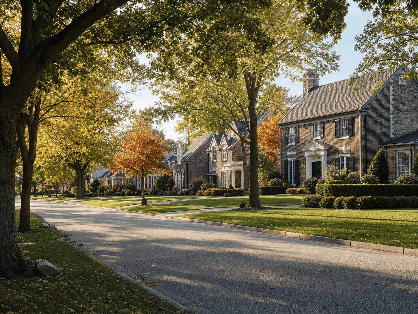 Tree-lined residential street in Oakland County, Southeast Michigan