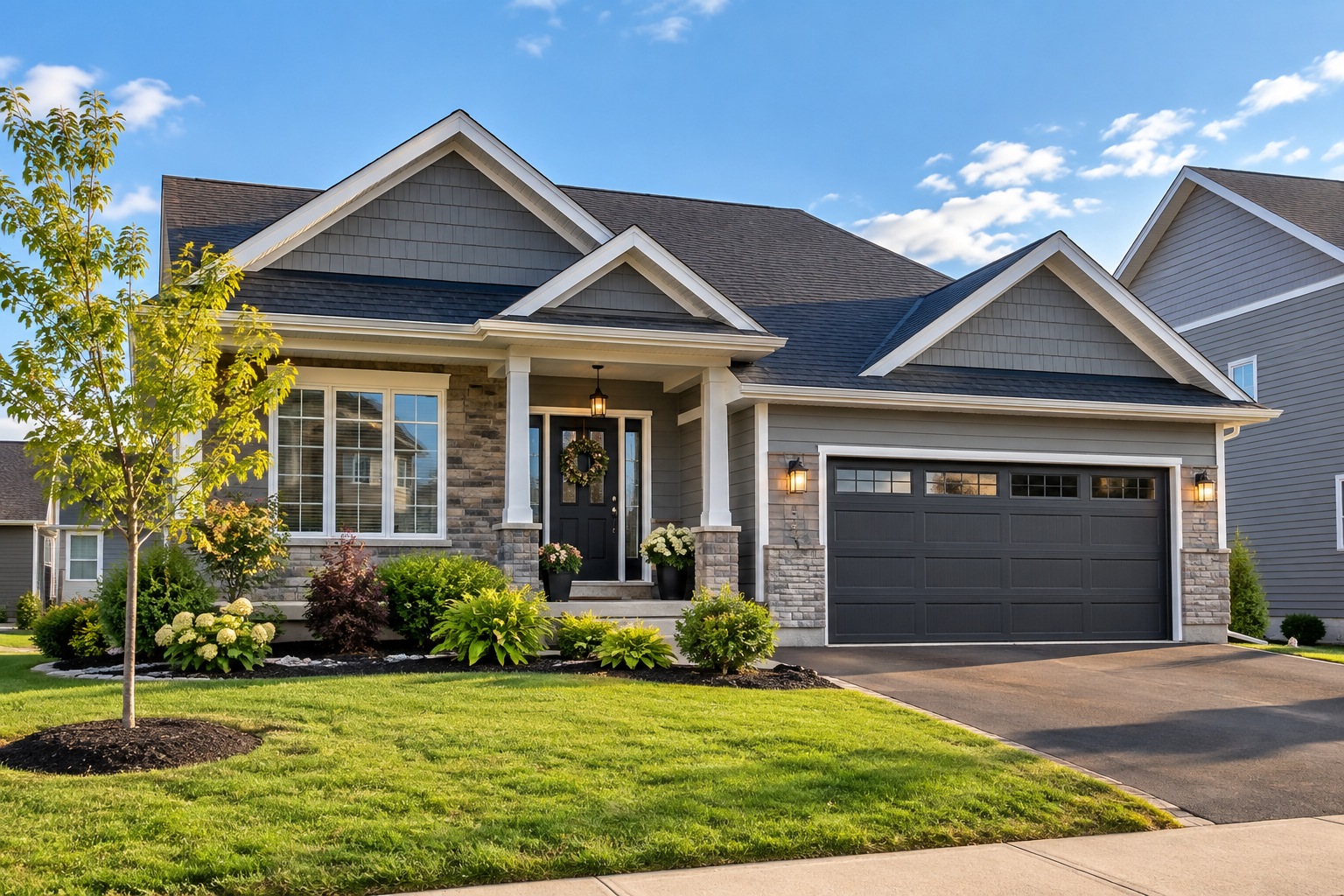 Modern Gray-Blue Suburban Home, Landscaped Yard