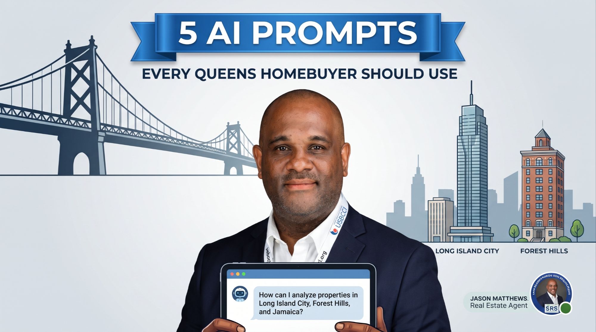 Title image for blog post featuring Queens real estate agent Jason Matthews holding a tablet with an AI prompt. Top text reads '5 AI Prompts Every Queens Homebuyer Should Use' above graphic illustrations of the Queensboro Bridge, Long Island City skyline, and Forest Hills buildings.