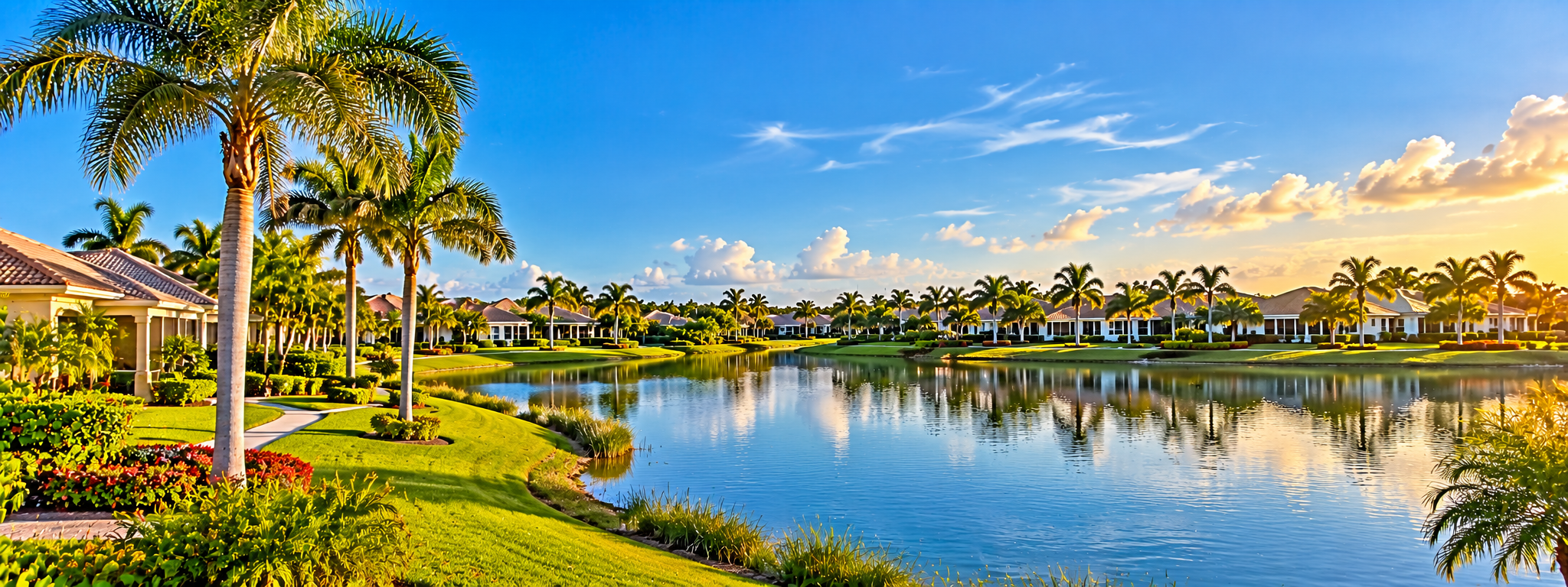 Golden-Hour Lakeside Palm Community