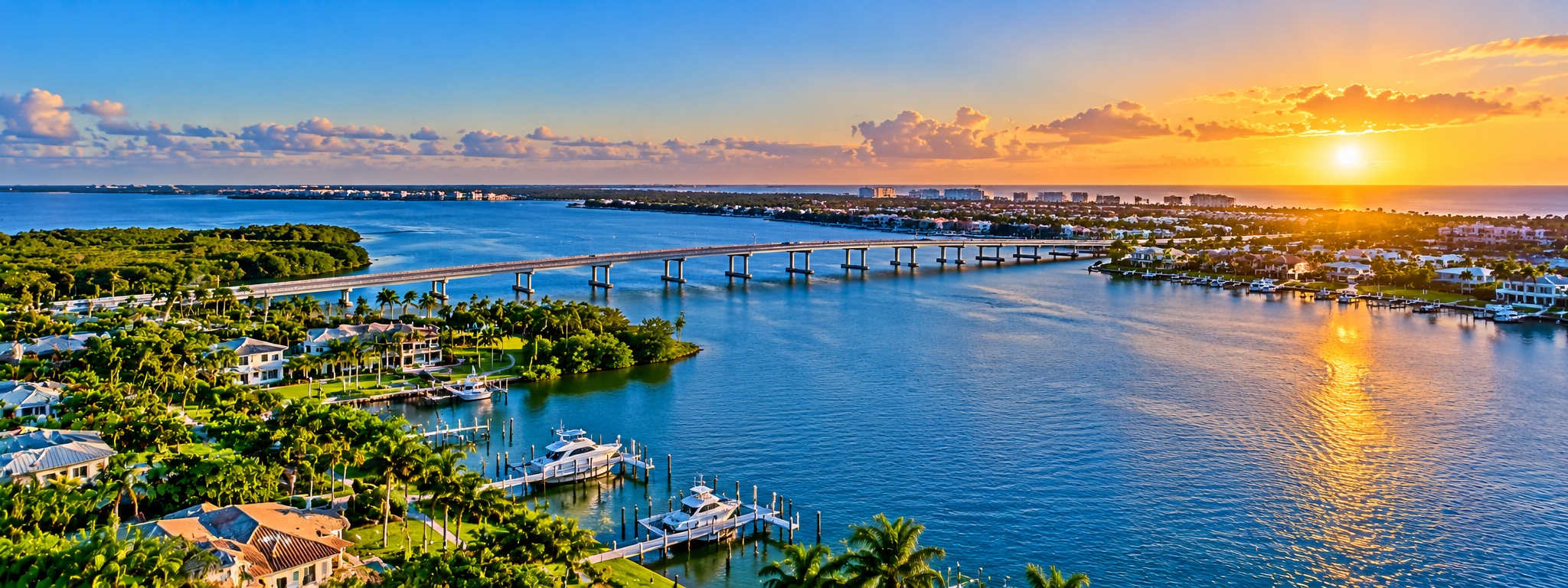 Golden-Hour Coastal Bridge Panorama
