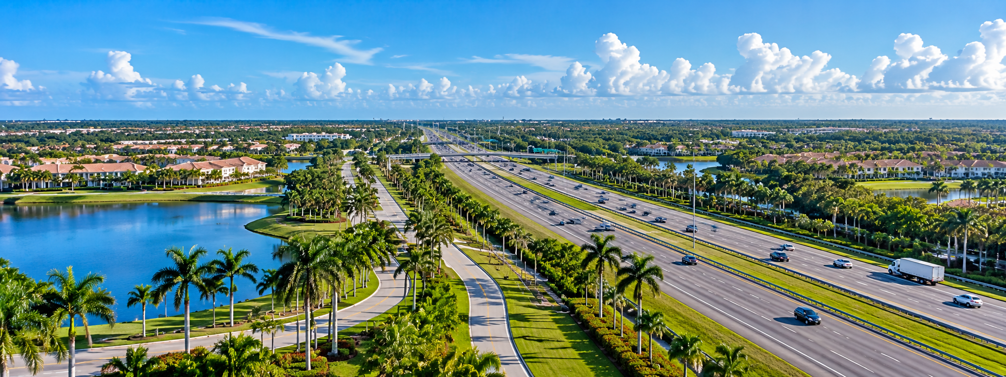 Palm-Lined Florida Highway and Waterfront Community