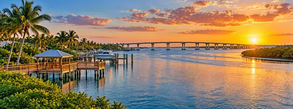 Golden-Hour Waterfront Bridge and Docks