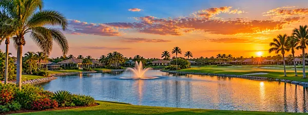 Tropical Lakeside Community at Sunset