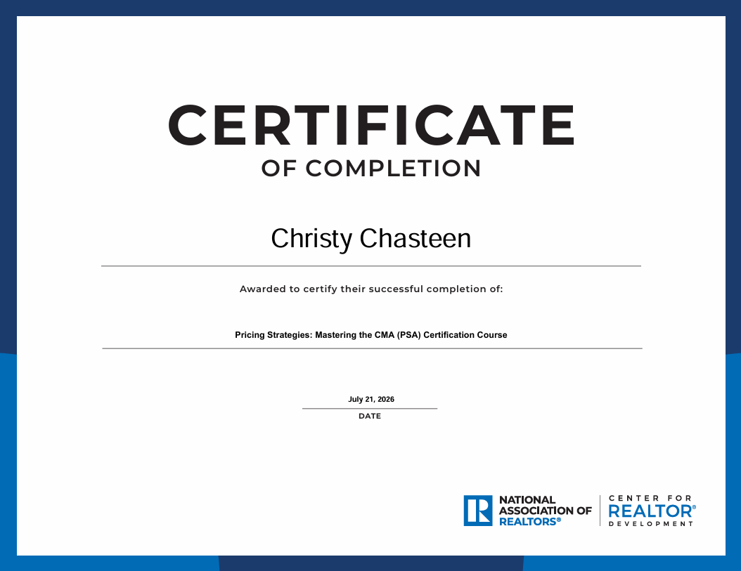 Certificate awarded to Christy Chasteen for completing the Pricing Strategies: Mastering the CMA (PSA) Certification Course on July 21, 2026.