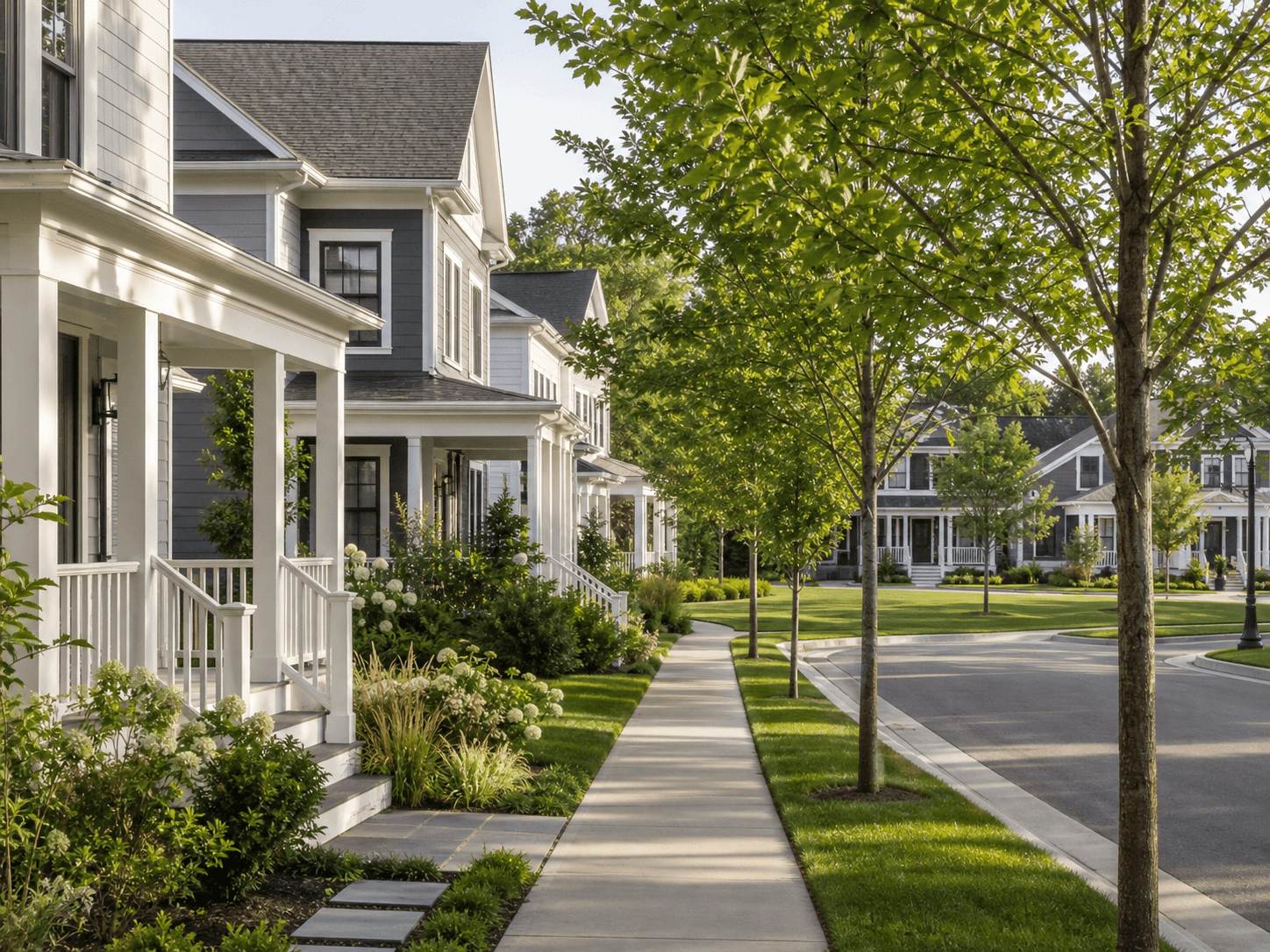 Sidewalk lined street with front-porch homes and shade trees