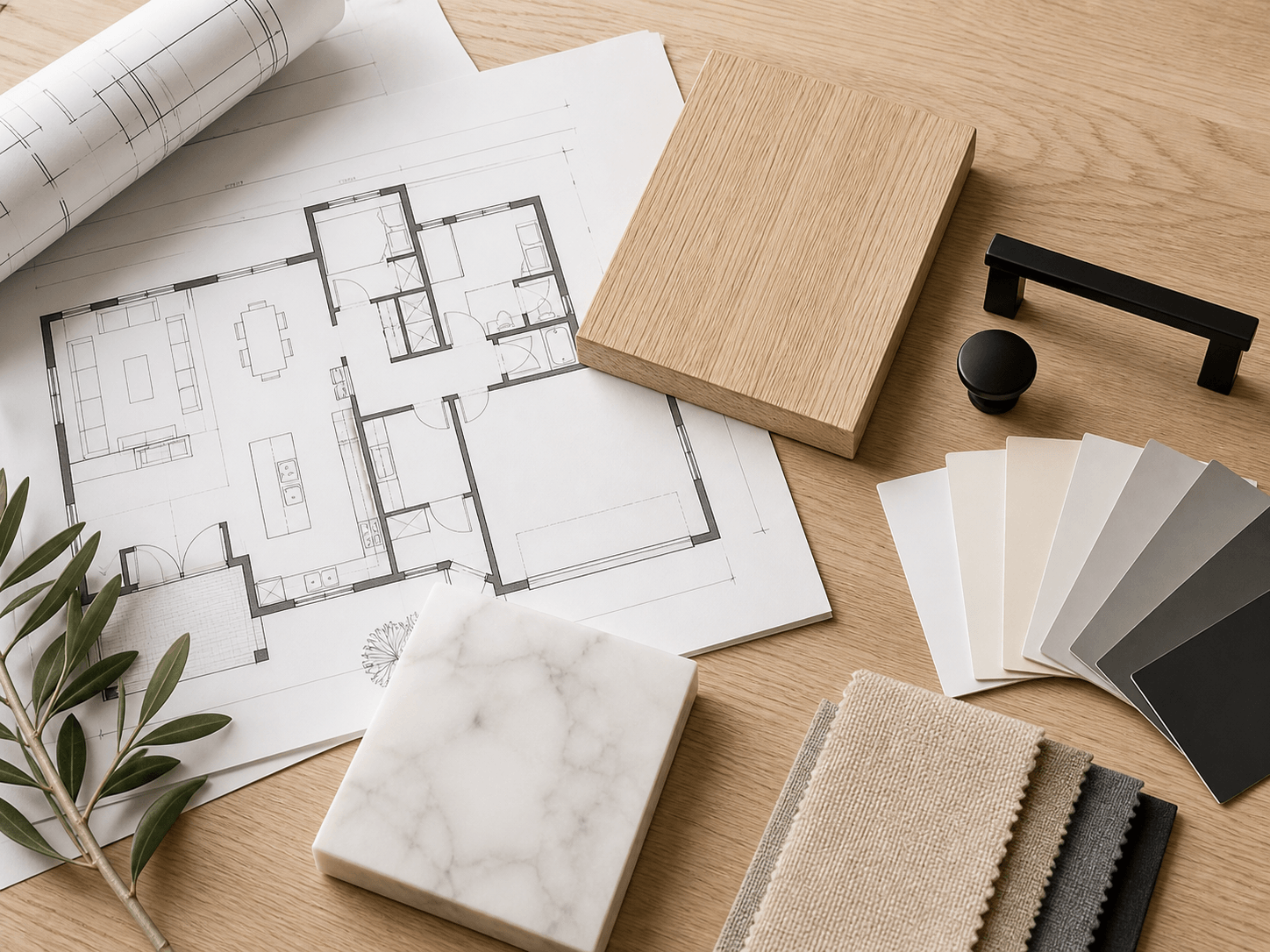 Floor plans with flooring, stone and hardware finish samples