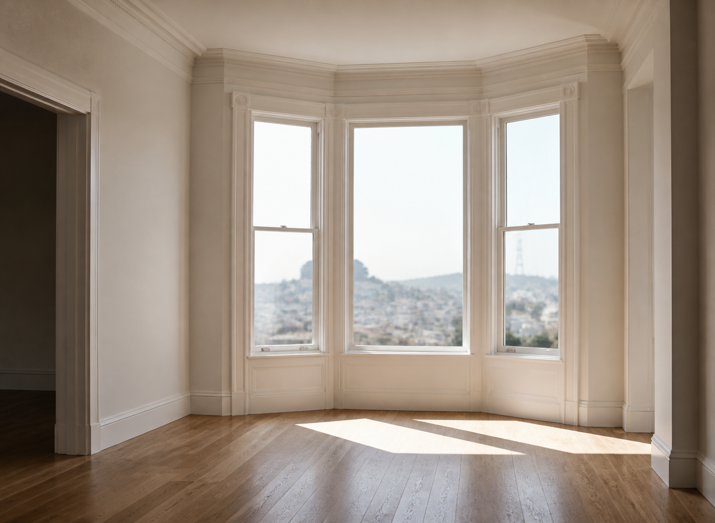 Empty San Francisco flat with a bay window, ready for a new owner