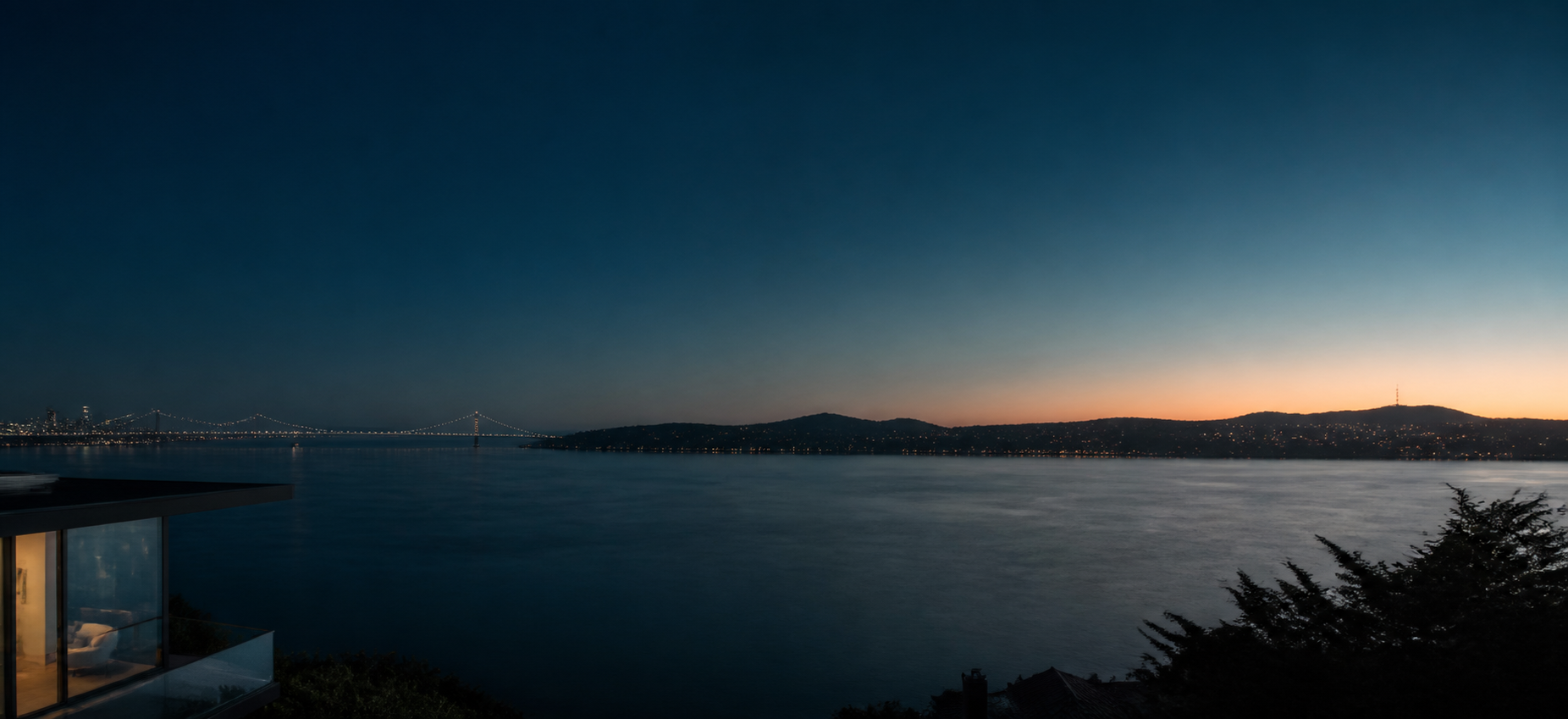 San Francisco Bay at dusk, calm water and soft skyline light