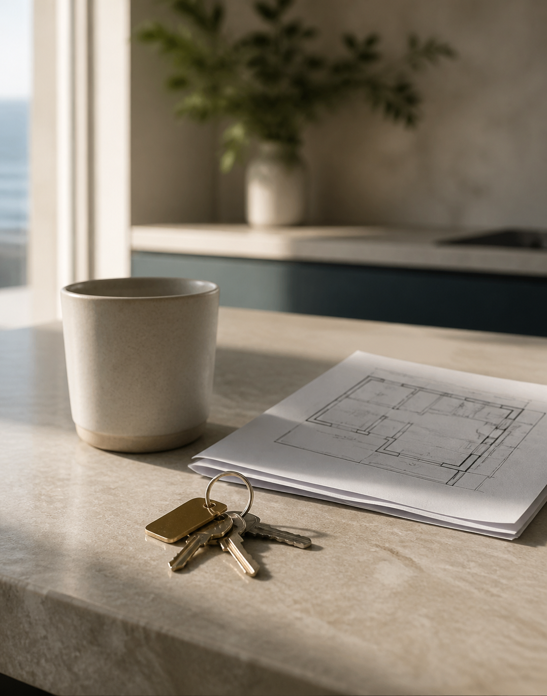 A set of house keys resting on an architectural floor plan