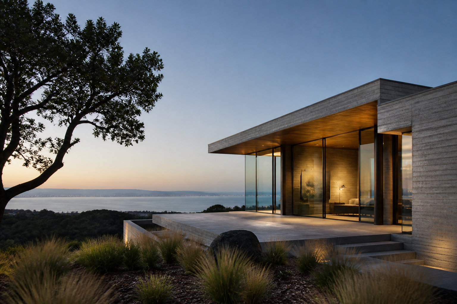 Modern hillside house at dusk with lit interiors above the Bay