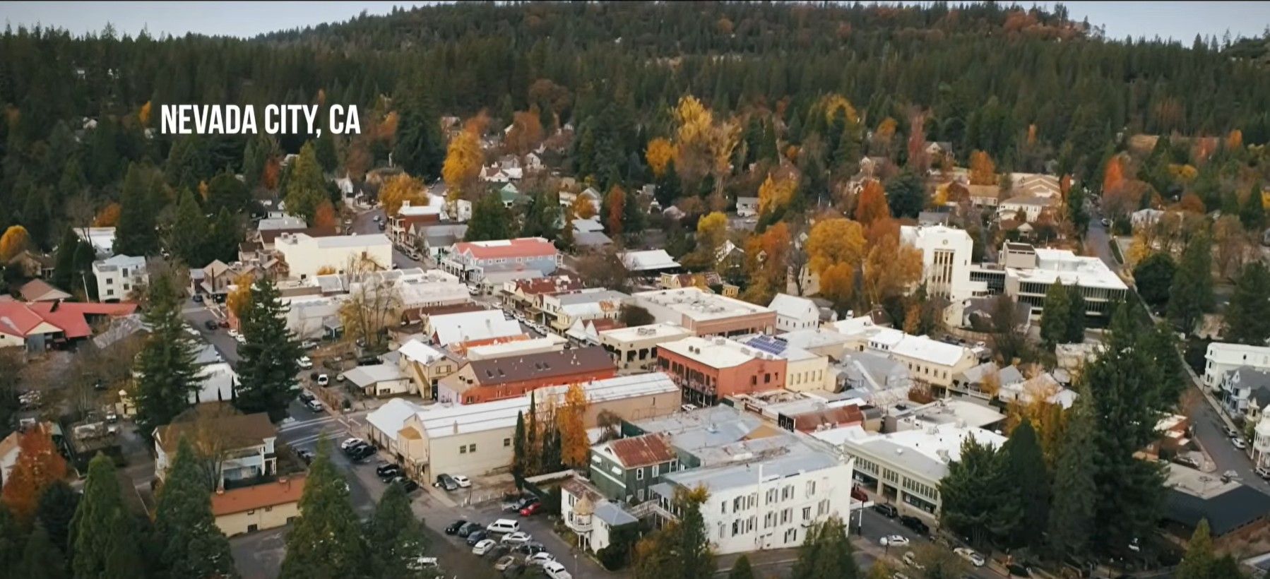 Aerial Nevada City in autumn colors