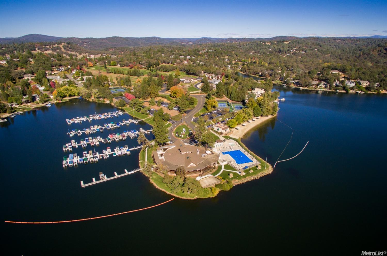 Aerial view of the clubhouse and marina at Lake of the Pines, California