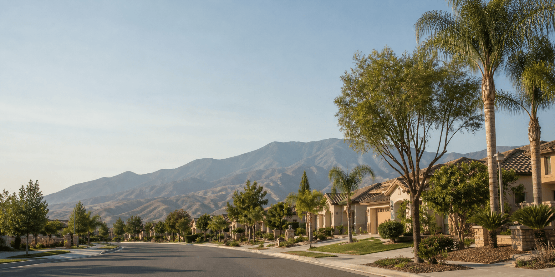 Suburban Inland Empire neighborhood street lined with palm trees and stucco tile-roof homes with mountains on the horizon