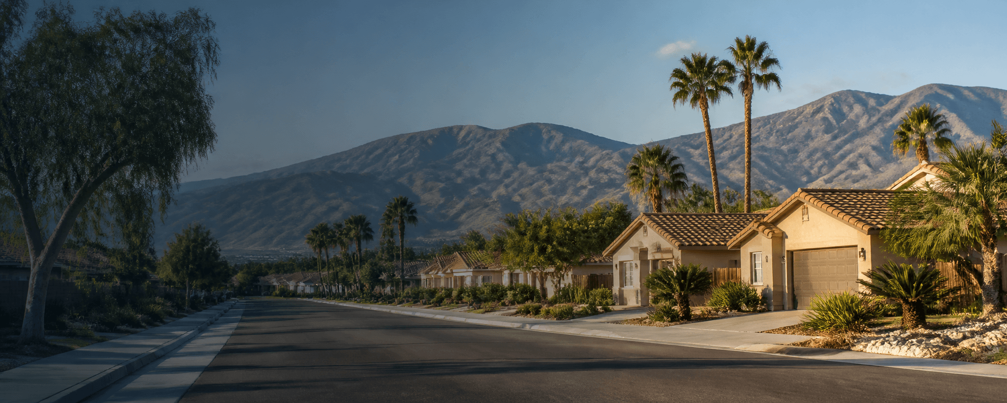 Inland Empire suburban street with mountain backdrop