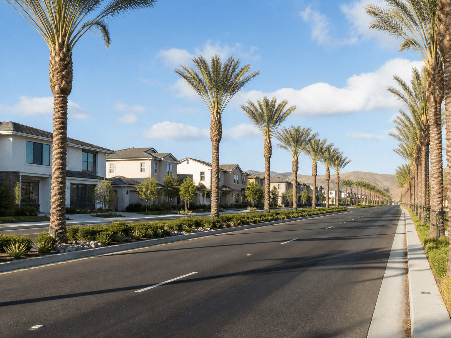 Wide palm-lined boulevard in Eastvale, California
