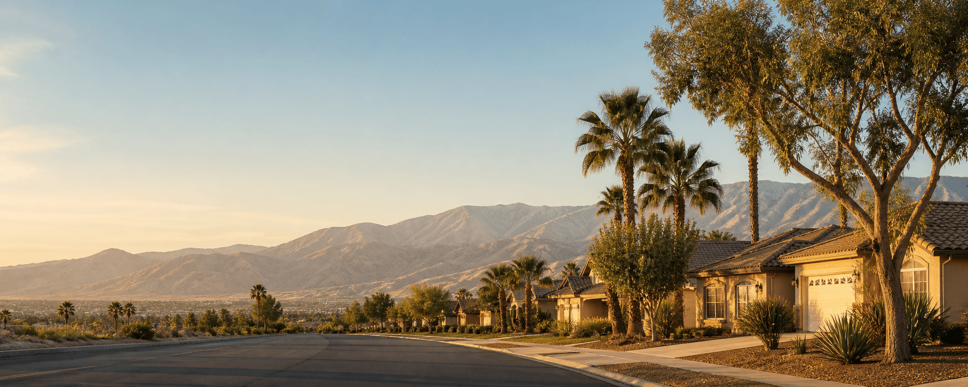 Inland Empire suburban street at golden hour with palm trees and mountains in the background