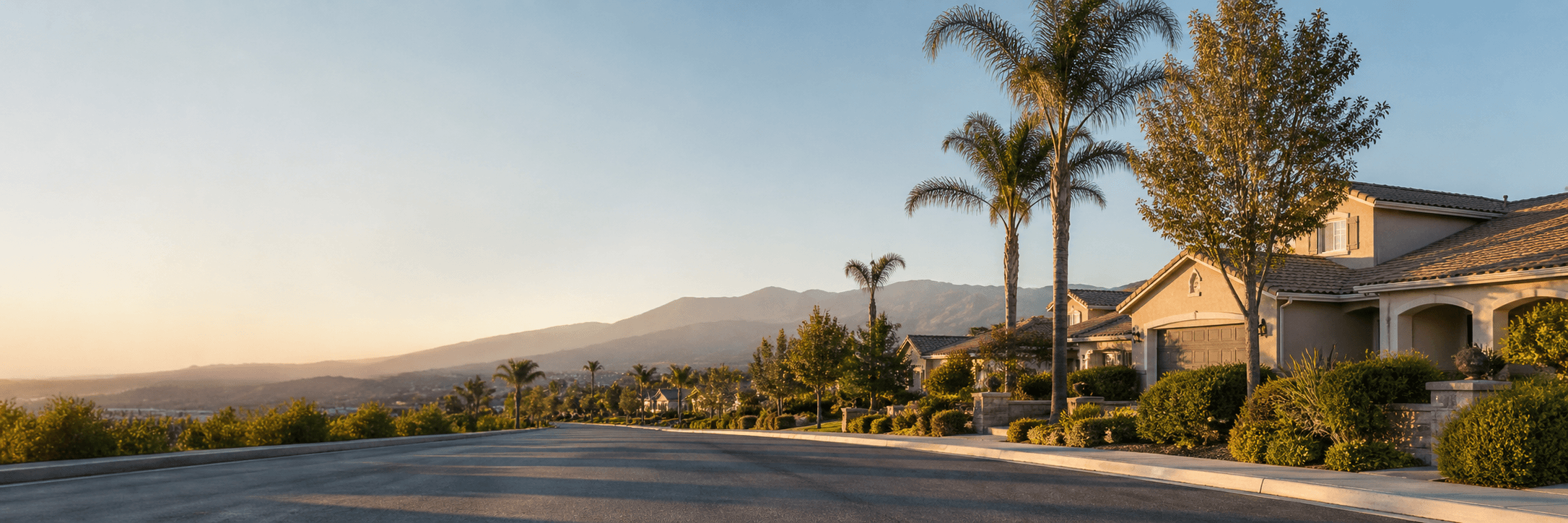 Quiet Inland Empire suburban street at golden hour with palm trees and the foothills in the background