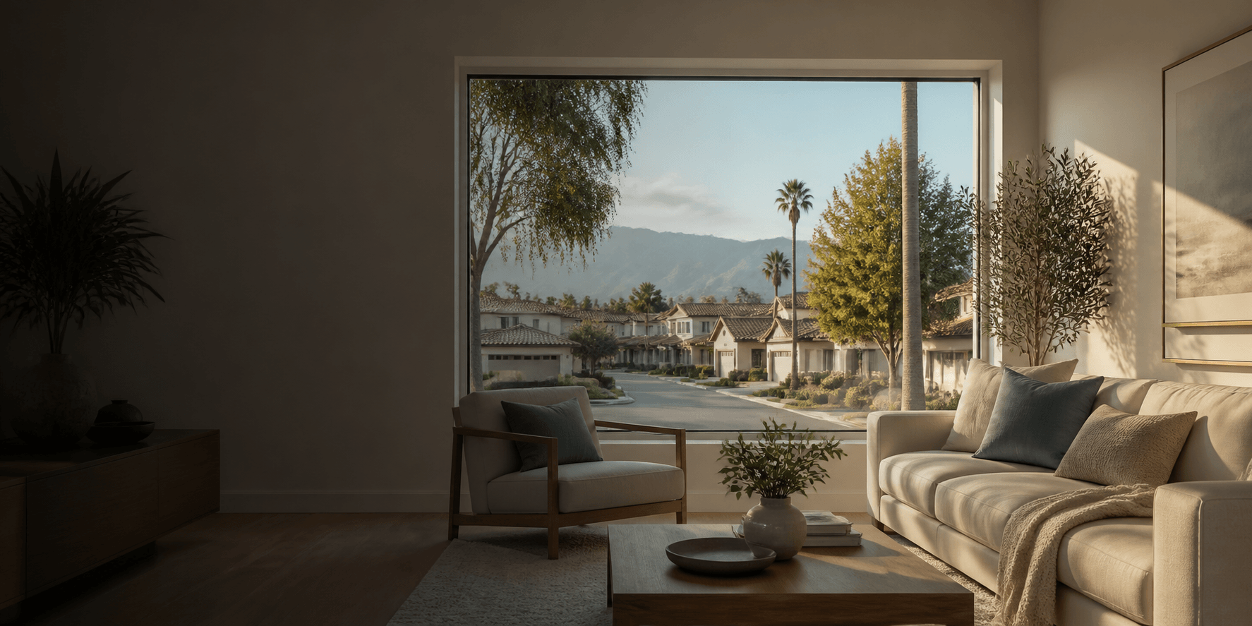 Bright staged living room in an Inland Empire home with a view of a suburban street and mountains