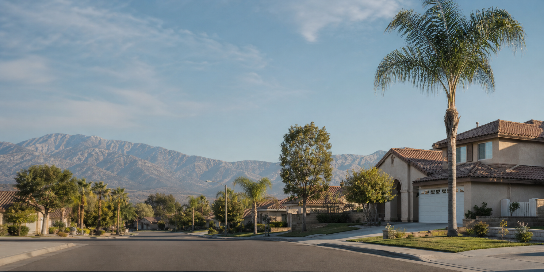 Inland Empire suburban neighborhood street with mountains on the horizon