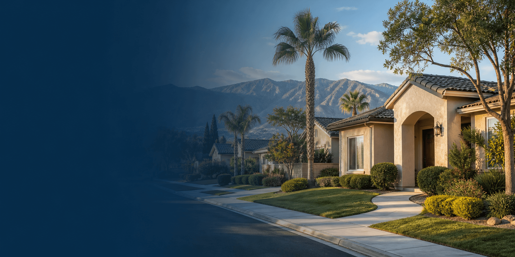 Tidy Inland Empire suburban home with trimmed landscaping and mountains in the background