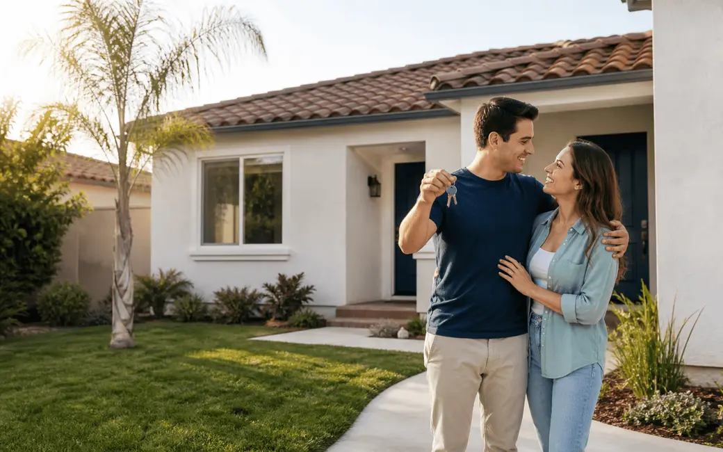 First-time homebuyers holding keys outside their new Southern California home