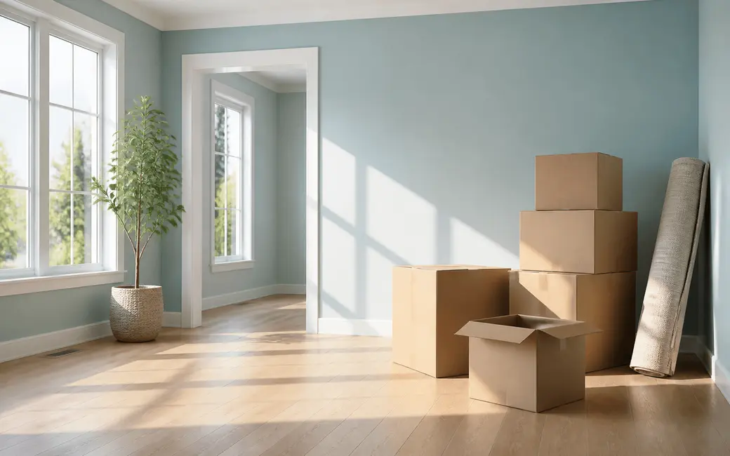 Moving boxes stacked in a sunlit, nearly empty living room