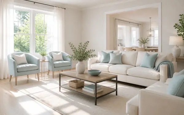 A bright, decluttered living room staged and ready for an open house