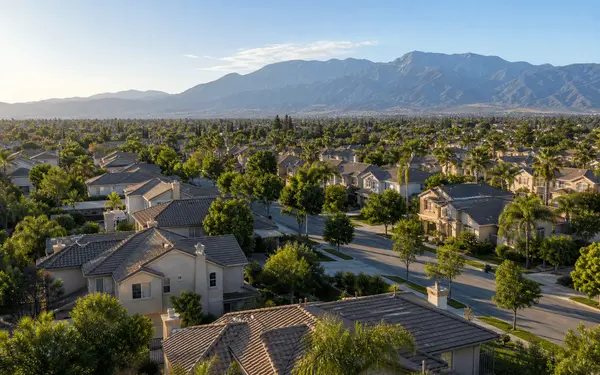 Aerial view of an Inland Empire neighborhood with the San Bernardino mountains behind it