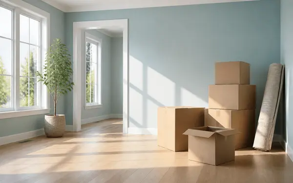 Moving boxes stacked in a sunlit, nearly empty living room