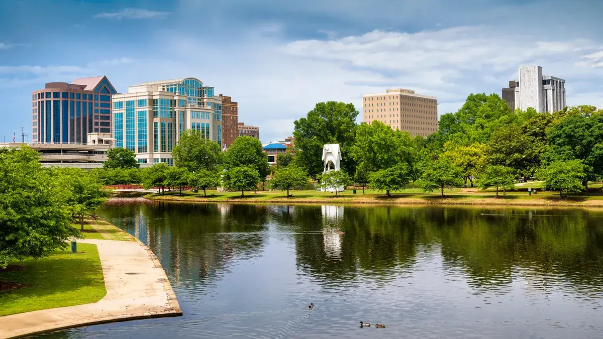 Big Spring Park lake and downtown Huntsville skyline