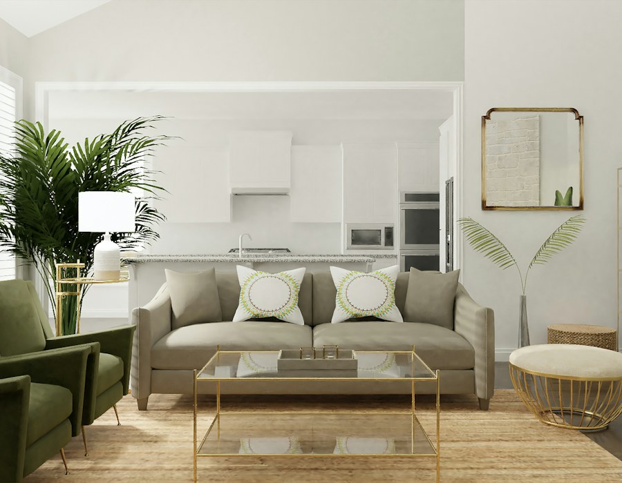 Bright modern living room with grey and white sofas