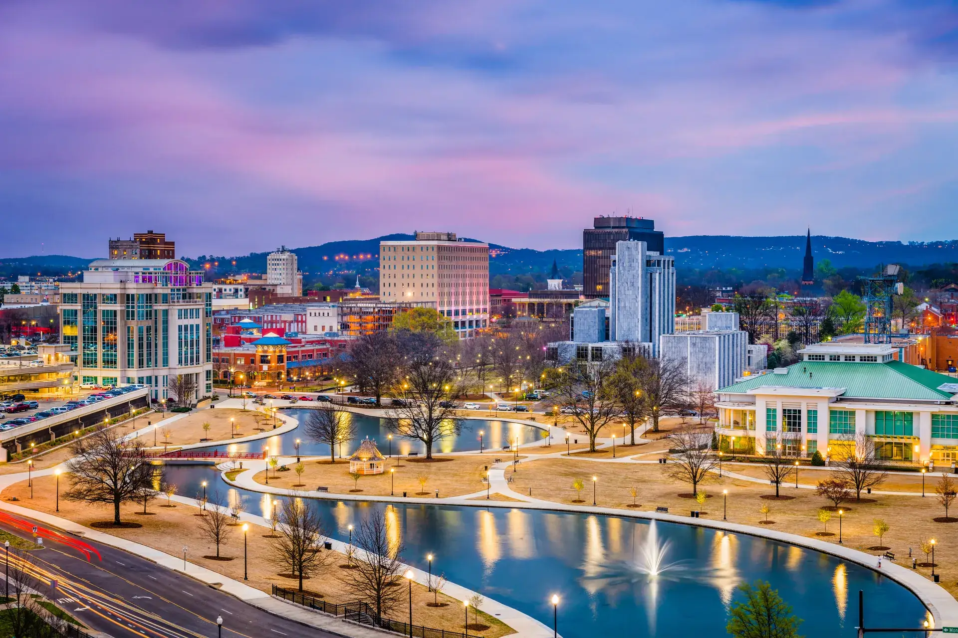 Big Spring Park and downtown Huntsville at twilight