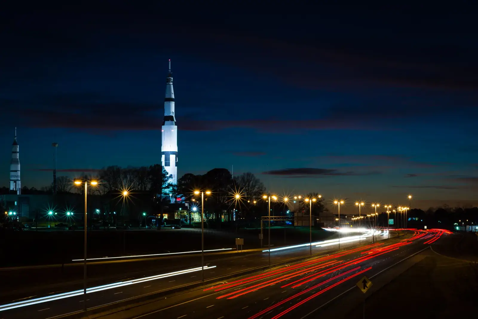 The U.S. Space and Rocket Center in Huntsville, Alabama at sunset
