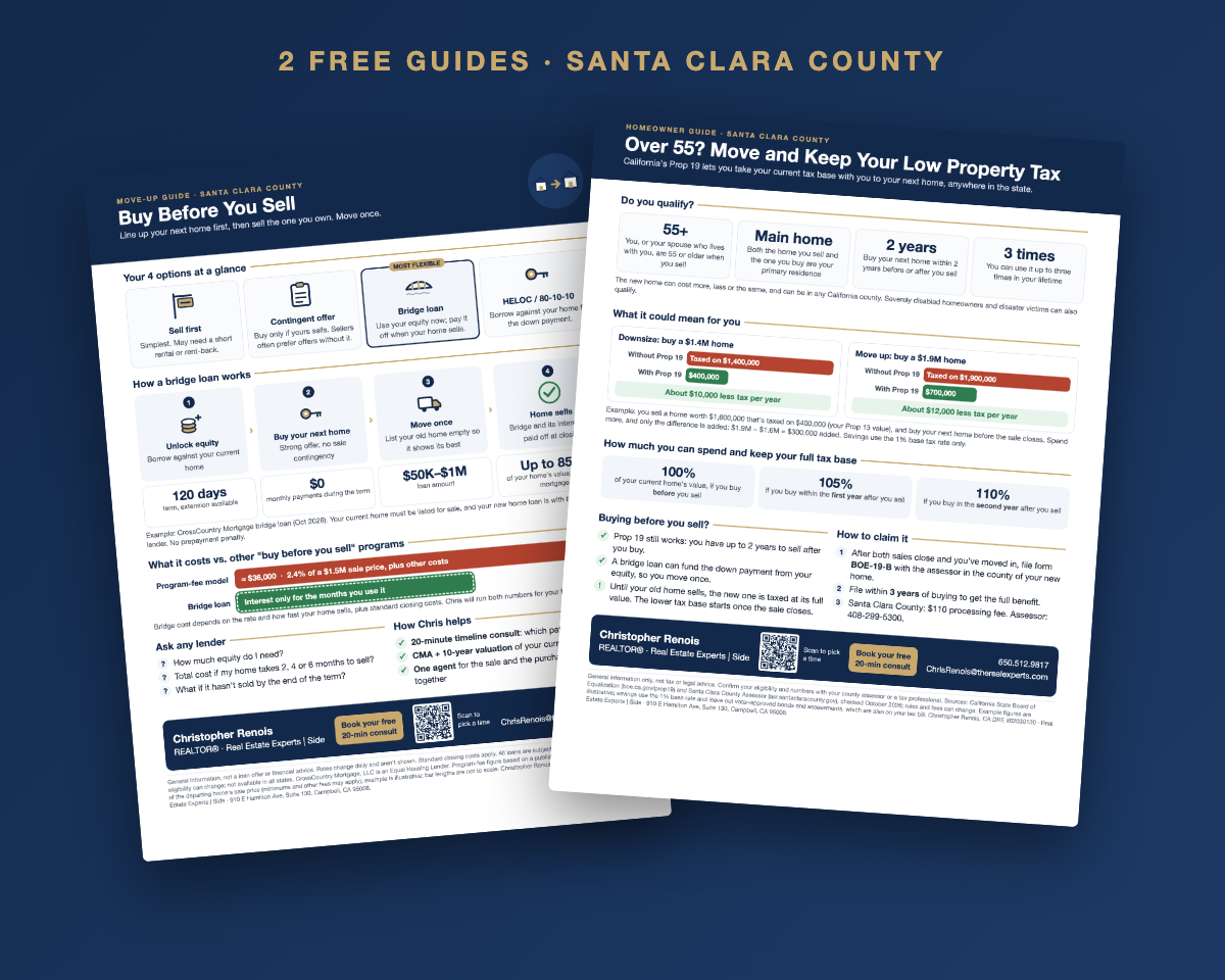 Covers of the Buy Before You Sell guide and the Prop 19 homeowner guide