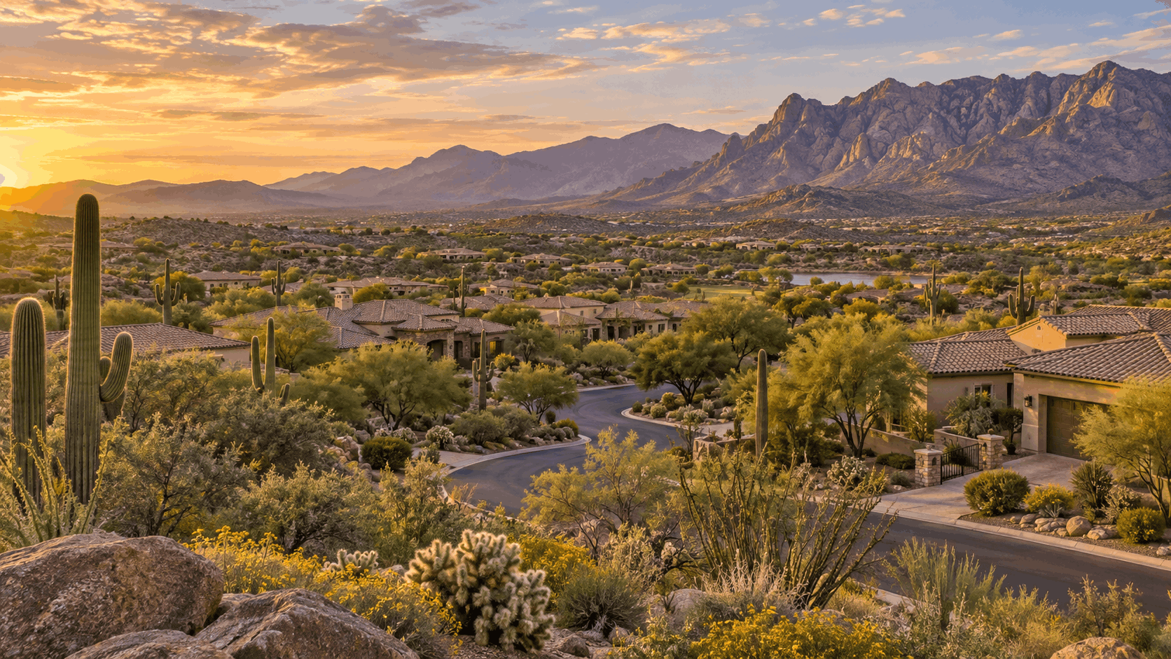 Rancho Vistoso-inspired neighborhood in Oro Valley, Arizona, featuring Southwestern homes, Sonoran Desert landscaping, and mountain views at sunset.
