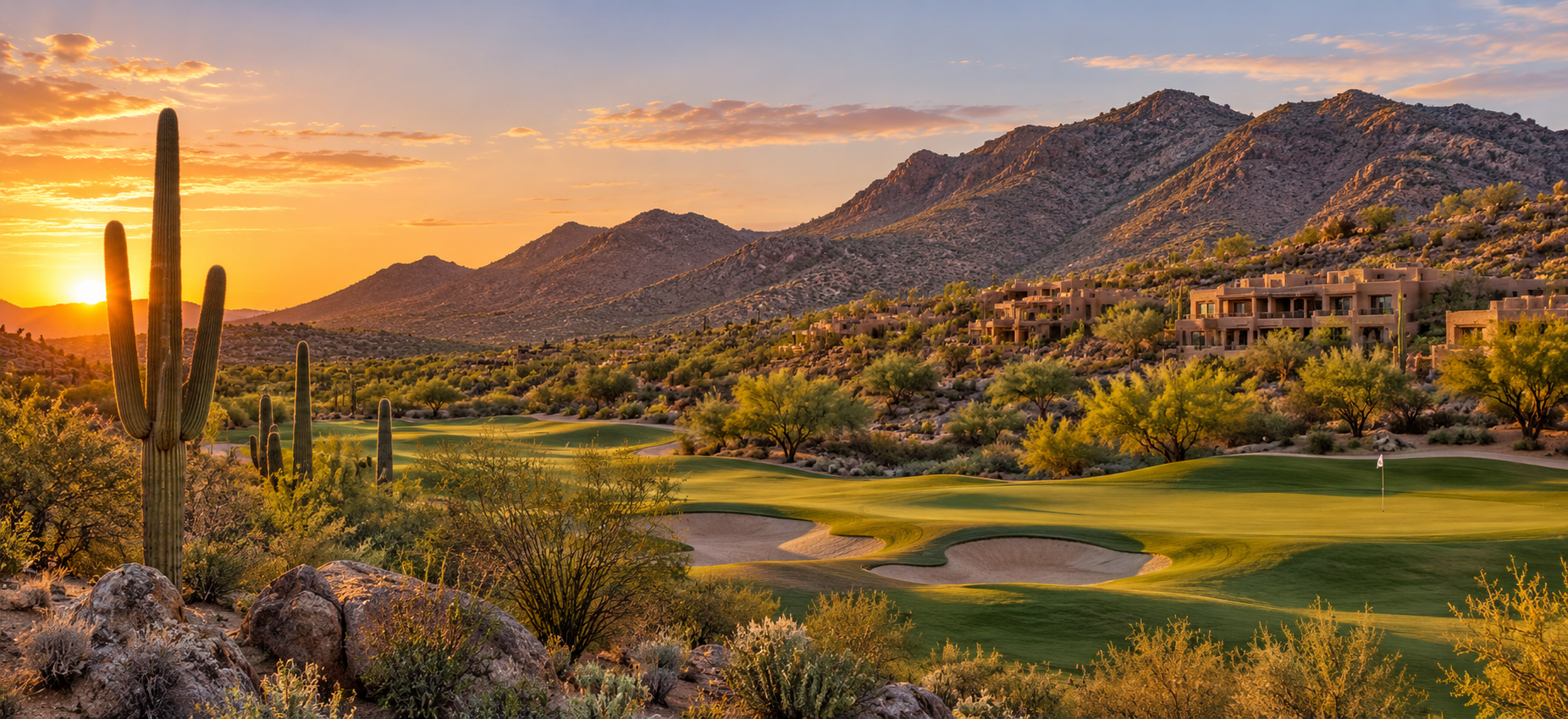 Starr Pass Tucson Arizona golf course with saguaro cacti, desert foothills, and mountain views at sunset