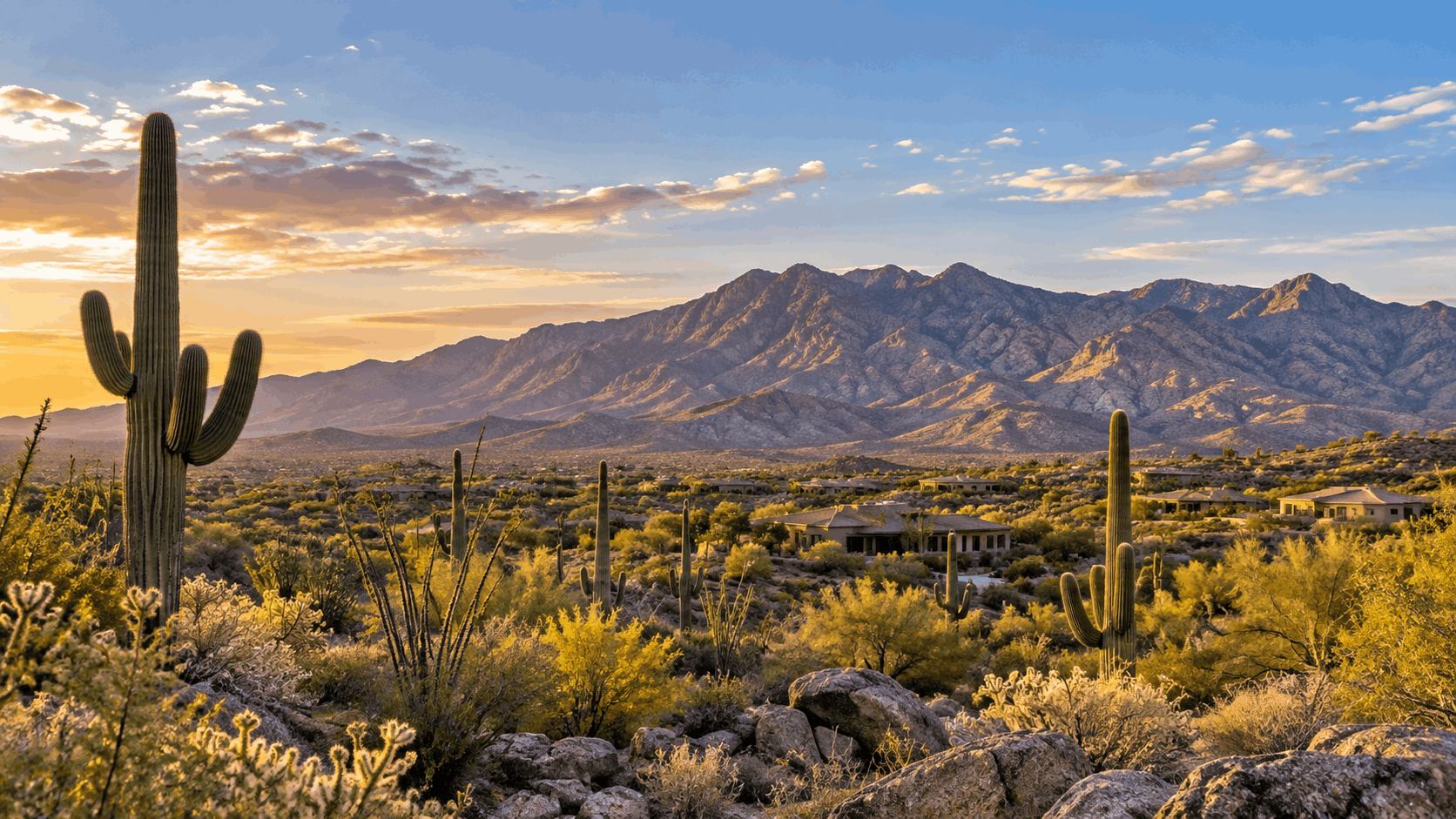 Golden hour view of the Marana, Arizona desert with saguaro cacti and the Tortolita Mountains
