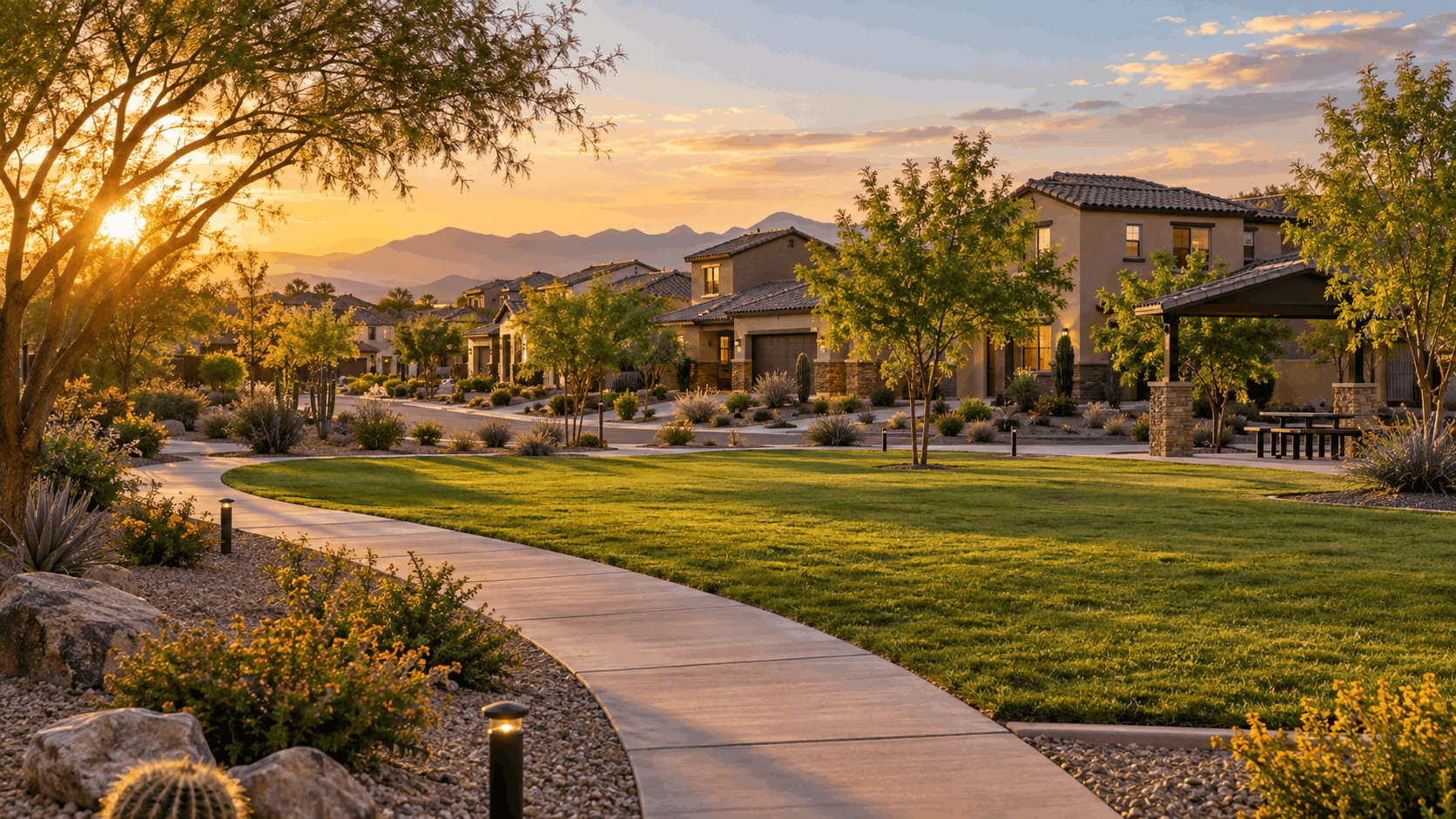 Golden hour view of a landscaped desert community park in Gladden Farms, Marana, Arizona, with green space, walking paths, saguaro cacti, and mountain views.